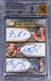 2007-08 Upper Deck Exquisite "Draft Picks Reservations" #DP-A Derrick Rose, Michael Beasley & OJ Mayo Multi Signed Rookie Card (#05/99) - BGS MINT 9/BGS 10